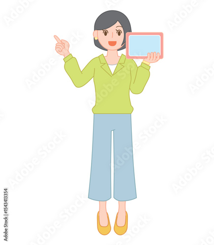 タブレットを使って授業をする女性教師のイラスト（おしゃれ風）/Stylish Female Teacher Using a Tablet in Class