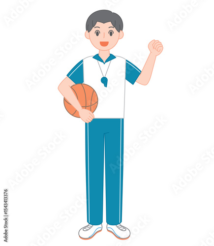 バスケットボールを持った元気な男性体育教師のイラスト/Energetic Male PE Teacher Holding a Basketball