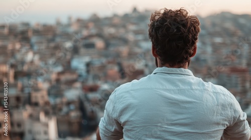 A man gazes thoughtfully over an expansive urban landscape, reflecting on life, dreams, and the intricate connections within a bustling city.