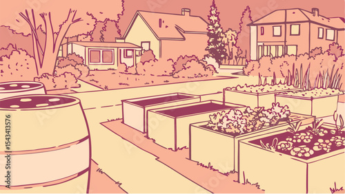 View of suburban street with garden containers and houses in a neighborhood setting in a drawing style