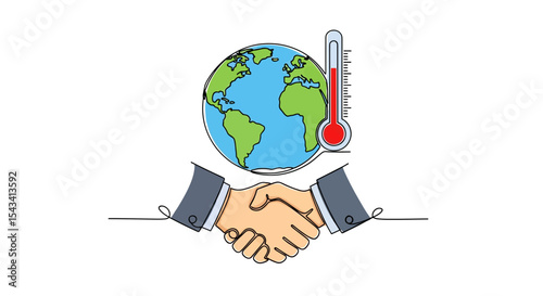 Doodle-style continuous line illustration of a climate agreement handshake with Earth and a thermometer in the background, symbolizing climate change. Suitable for news and presentations related to th