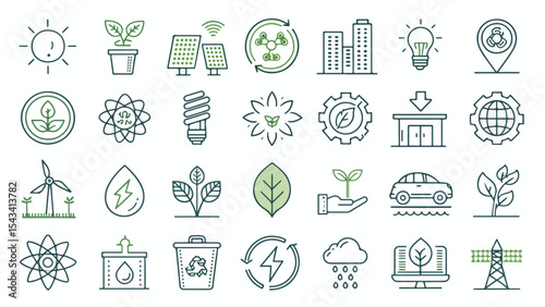 Sustainable and Eco-Friendly Icon Set – Green Energy, Recycling, Nature, and Environmental Conservation Symbols