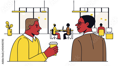 Two colleagues conversing with coworkers in the background in a modern office setting illustration
