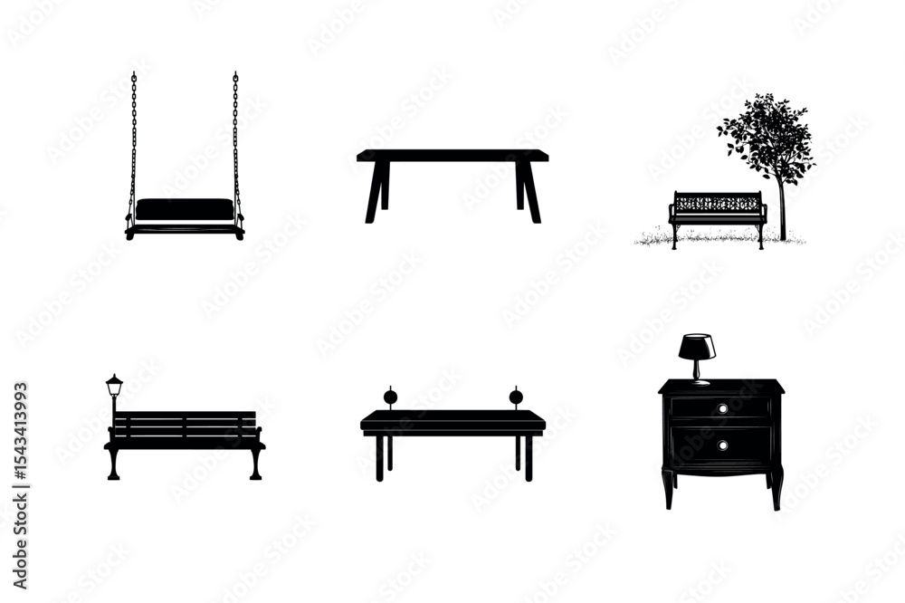 Fototapeta premium Black silhouette icons of park and home furniture