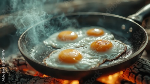 Cooking fried eggs in a skillet over an open campfire illustrates the simplicity and warmth of outdoor cooking experiences, evoking nostalgia and the joys of nature.
