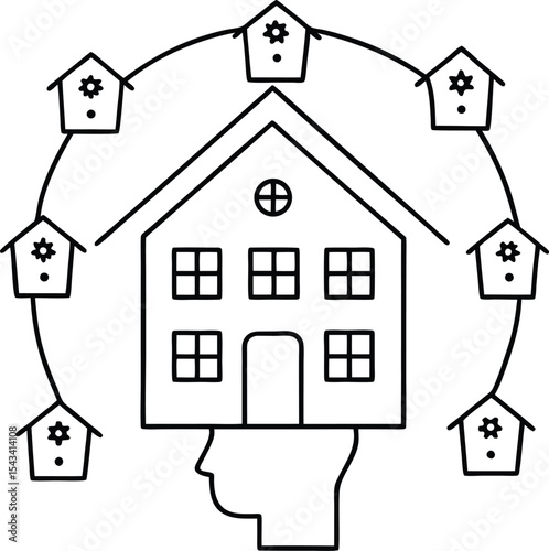 Mental health awareness vector Line art illustration Mind as a House with Emotion Labeled Rooms and Windows