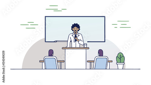 Illustration of a woman giving a presentation with an audience present in a conference room setting