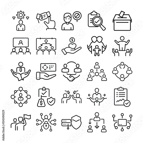 Collection of Business and Social Related Icons in Black and White Outline Style