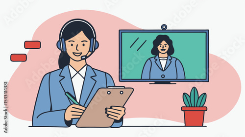 Woman in headset taking notes during a video call with another woman on a screen in a light setting