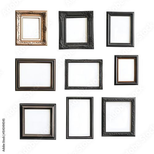Photos gallery wall, decorative wall adorned with various framed photographs, isolated on transparent background