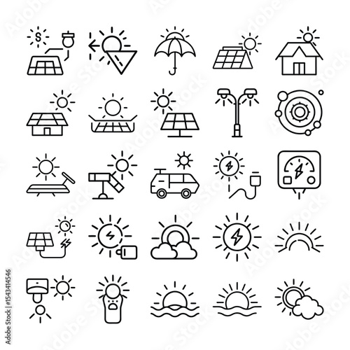 Monochrome Line Art Icons Representing Solar Energy and Various Related Concepts
