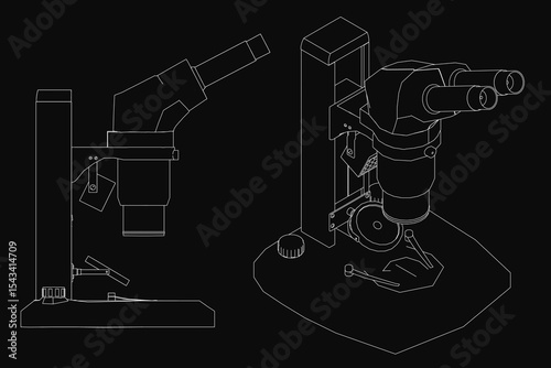 A detailed black and white drawing of a microscope with clearly visible components, set against a stark black background for high contrast. The intricate design highlights the eyepiece, objective.