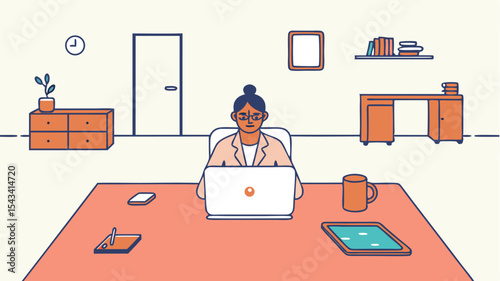 Illustration of a woman working on a laptop at a desk in an office with various items around her