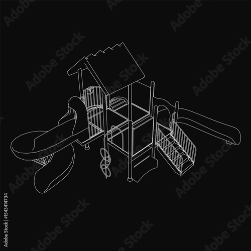 A wooden swing set with a slide stands in stark black and white, drawn with clean lines against a dark background. The playground equipment features sturdy chains, a simple slide, and a classic.