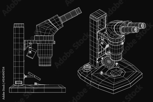 A detailed 3D model of a microscope on a black background, showcasing its intricate blueprint with labeled components and precise engineering. The design highlights lenses, focus knobs, and stage.