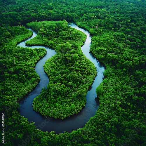 Aerial View of a Curving River Flowing Through a Lush, Green Tropical Rainforest