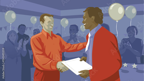 Man receiving award from another man in front of an audience with balloons and decorations at party