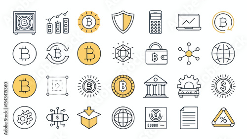 Bitcoin Icon Set – Crypto Currency Symbols, Blockchain, Wallet & Mining Vector Icons