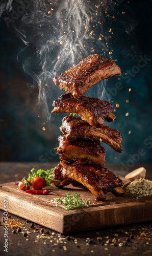 Delicious levitating grilled bbq ribs on rustic background