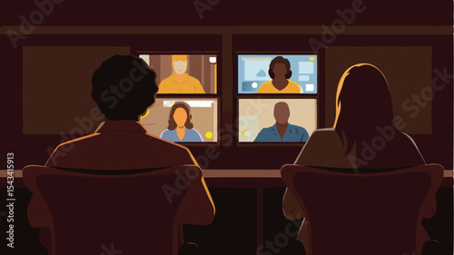 People in a video conference call with four screens showing different participants in meeting room