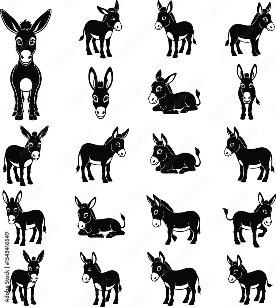 Fototapeta premium Collection of cute donkey silhouettes in various poses