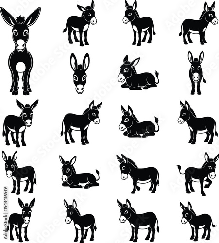 Collection of cute donkey silhouettes in various poses