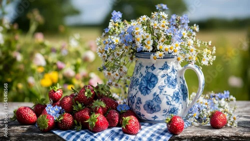 Charming Swedish midsummer setup with ceramic jug, meadow flowers, and fresh strawberries on a sunny day	