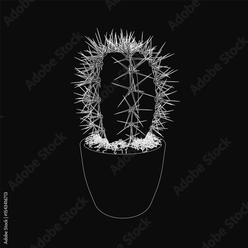 Potted cactus with intricate spines and textured leaves, drawn in black and white on a dark background. The neutral-toned pot contrasts sharply, emphasizing the plant's detailed silhouette.