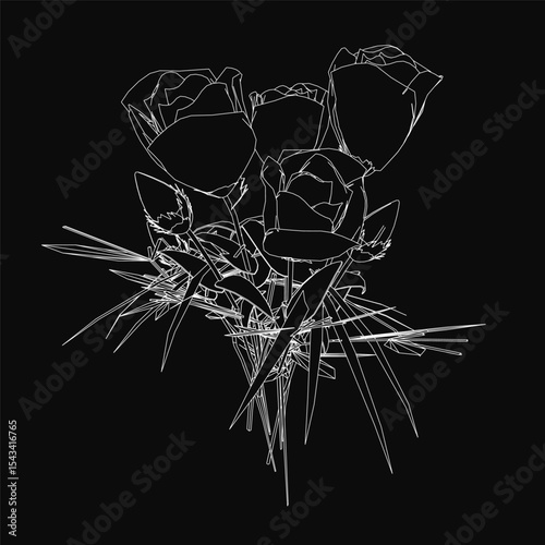 Black and white drawing of a bouquet of red roses in a vase, with visible stems and green leaves. The deep red petals contrast sharply against the dark black background, creating an elegant