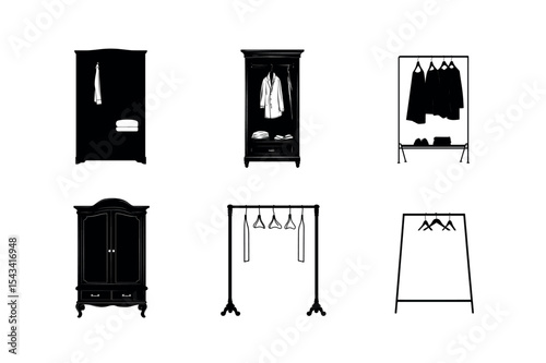 Wardrobe and clothing rack silhouettes set