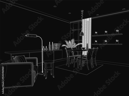 Black and white dining room illustration featuring a wooden table with chairs, a cozy sofa with decorative pillows, and a vintage lamp. Shelves display bottles and a flower vase, while a curtain adds.