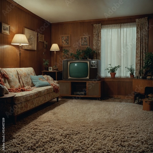 A cozy 1970s living room with shag carpet, wood-paneled walls, and a tube TV showing static