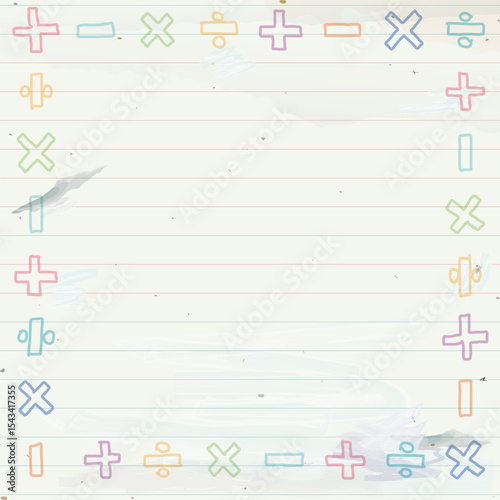 Blank square frame consists of pastel add, subtract, multiply and divide symbol shapes childish style on used old notebook paper graphic illustration.
