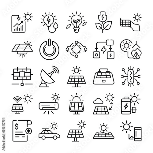 Collection of Renewable Energy and Sustainability Icons Depicting Solar Power and Efficiency