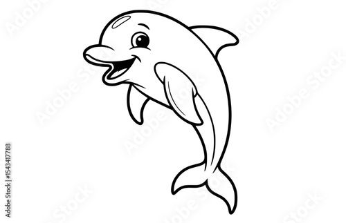 Happy cartoon dolphin leaping in black and white, perfect for children's books and educational marine animal content