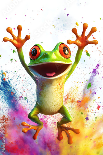 A vibrant, animated frog joyfully leaps amidst a colorful splash of paint in a whimsical setting