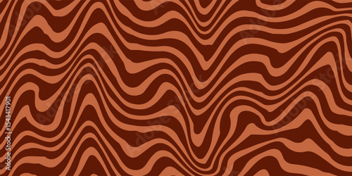 Retro coffee color background. Milk chocolate liquid dessert texture. Wavy swirl candy pattern for poster, cover, banner, pamphlet. Vintage brown trippy hippie wallpaper in 60s or 70s style. Vector