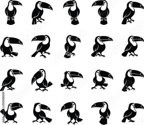 Twenty toucan bird icons black and white