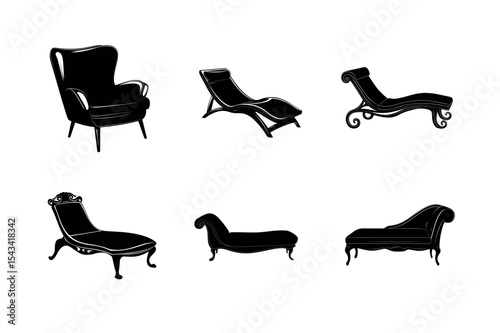 Collection of six black silhouette chairs and chaises longues