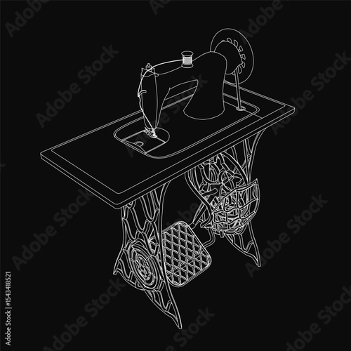 A black and white sewing machine illustration with intricate details, including the spool, needle, thread, and foot pedal. The stark contrast against the black background highlights the vintage.