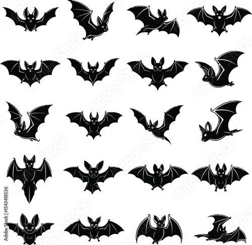 Collection of black silhouette bats in various poses