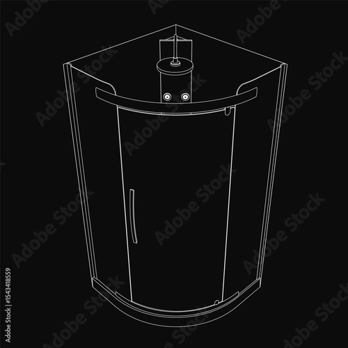 Black and white corner shower cabin with a glass door, clean lines, and minimalist design, set against a dark contrasting background. The detailed drawing highlights the sleek structure and modern.