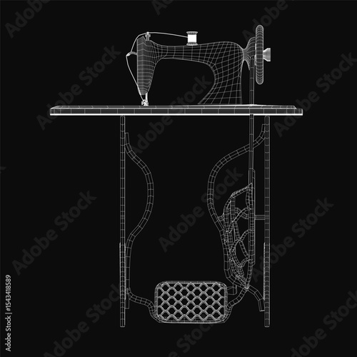 A 3D model blueprint of a sewing machine displayed on a sleek black background, highlighting intricate mechanical components and precise engineering details.