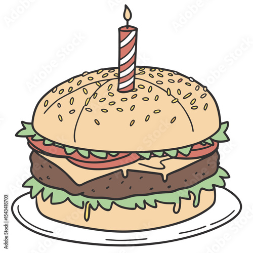 A realistic burger birthday cake with savory details, a fun and unique surprise for a themed celebration.