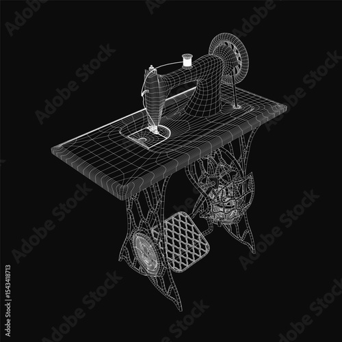 A 3D model of a sewing machine with detailed stitching mechanisms, placed on a sleek black background for contrast. The royalty-free model features realistic textures and clean edges