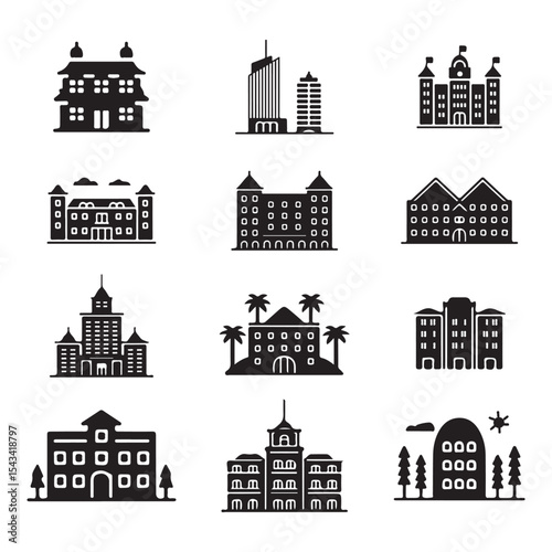 Collection of Black and White Architectural Building Icons vector art on white