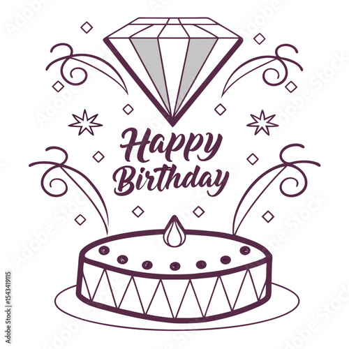 A luxurious diamond-shaped birthday cake with an elegant shimmer, exuding sophistication and glamour for a grand celebration.