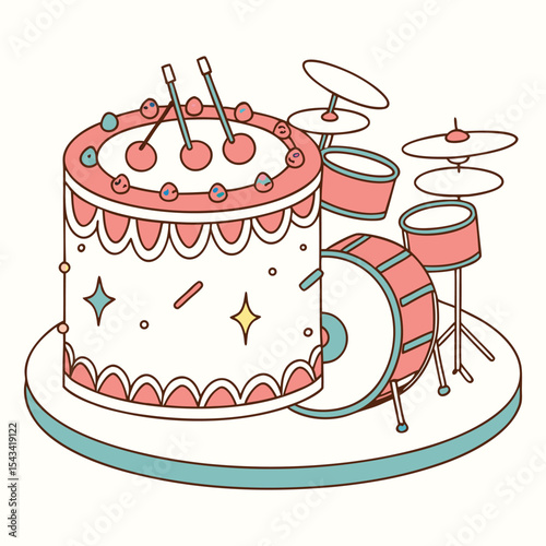 An impressive drum set birthday cake with miniature cymbals, perfect for a music enthusiast's energetic celebration.