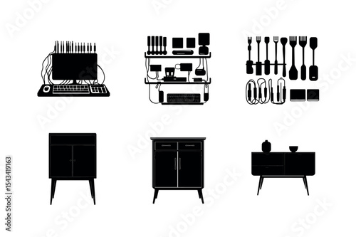Silhouette icons of furniture and electronics