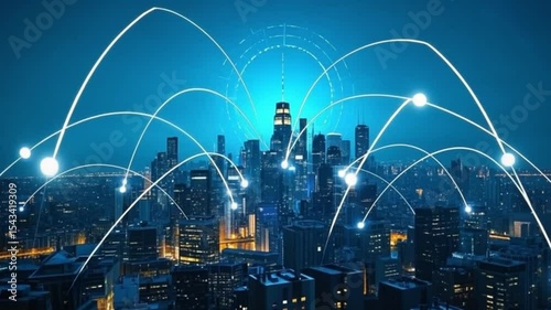Futuristic Smart City Nightscape Global Network Connectivity High Tech Digital Innovation Technology Metropolis Aerial View Illuminated Buildings Data Streams Bright Lights